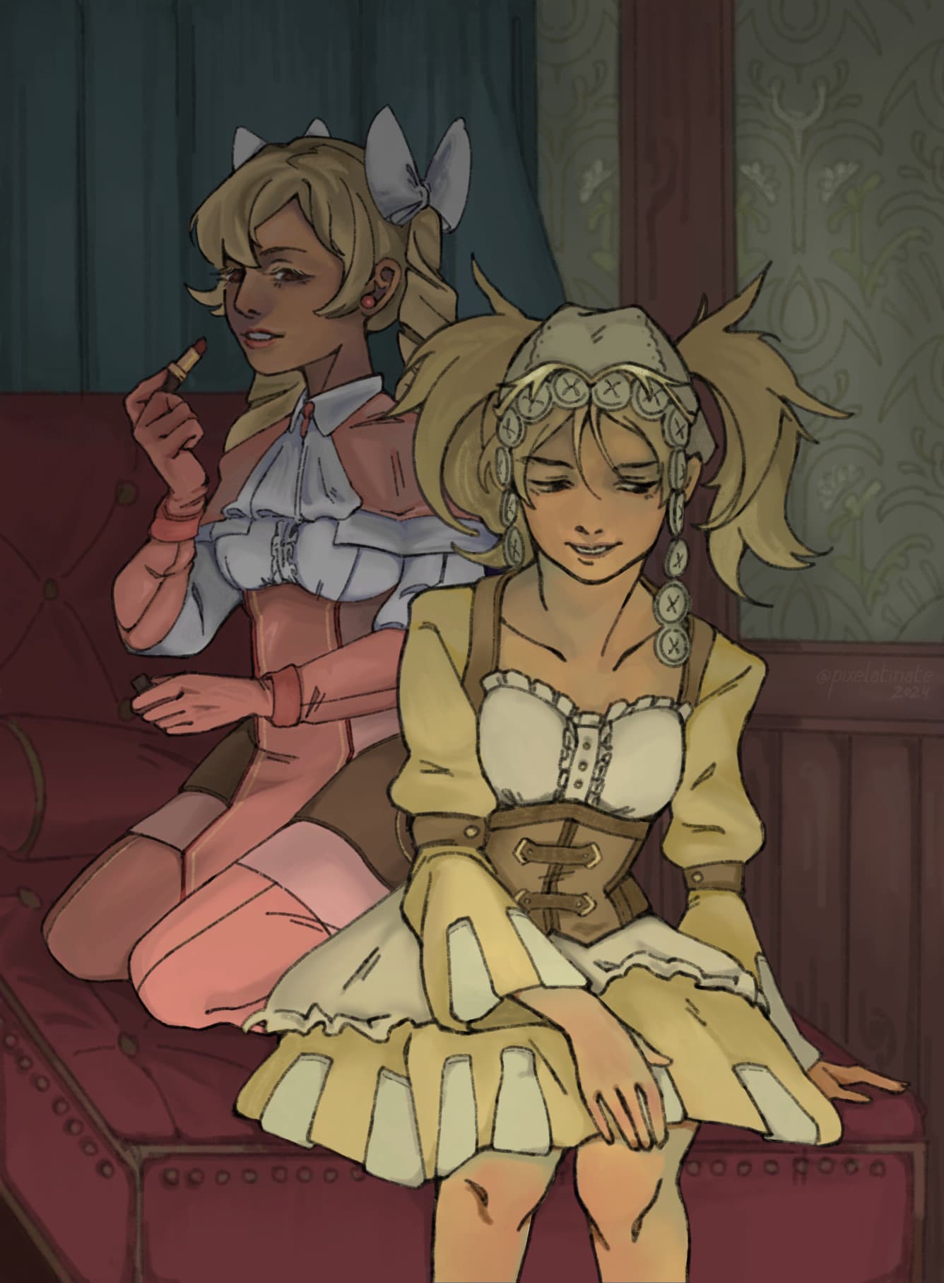 Two girls sitting on a couch together, one applying lipstick