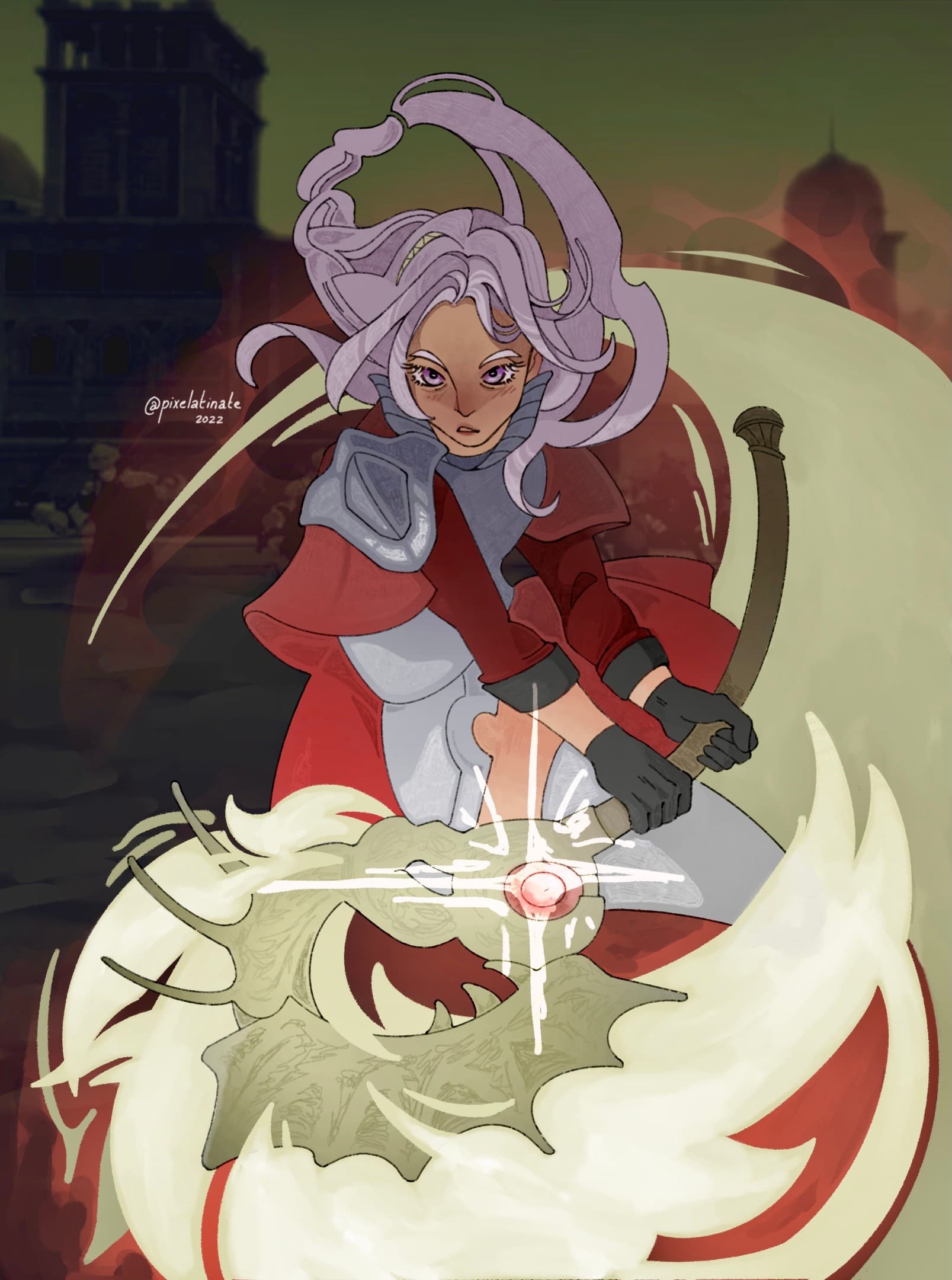 An armored woman with lavender hair conjuring a glowing crescent of magic in front of a castle