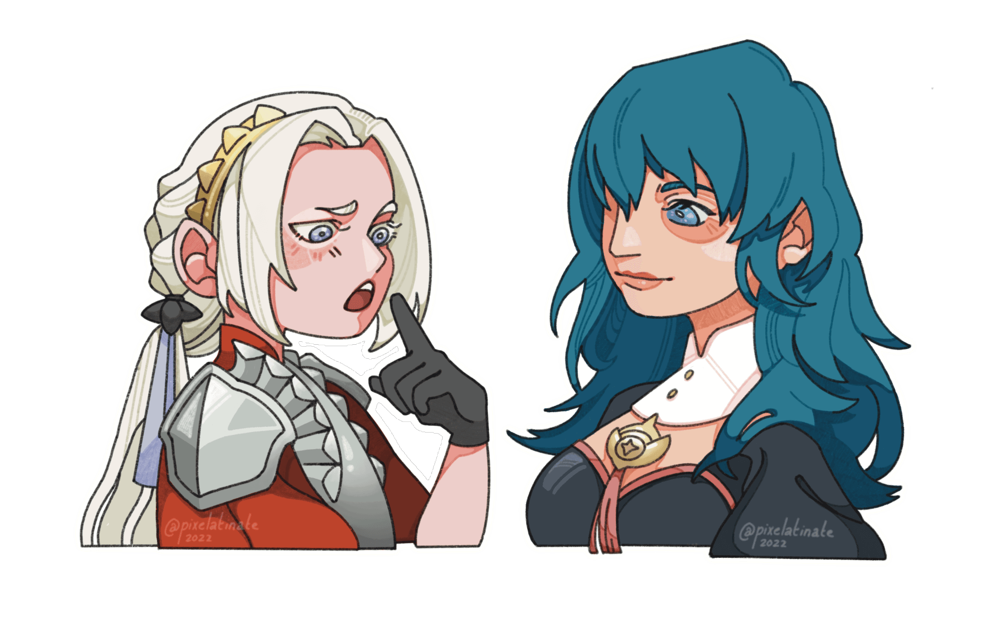 Sticker-style portrait of two women, one in silver armor and one with blue hair
