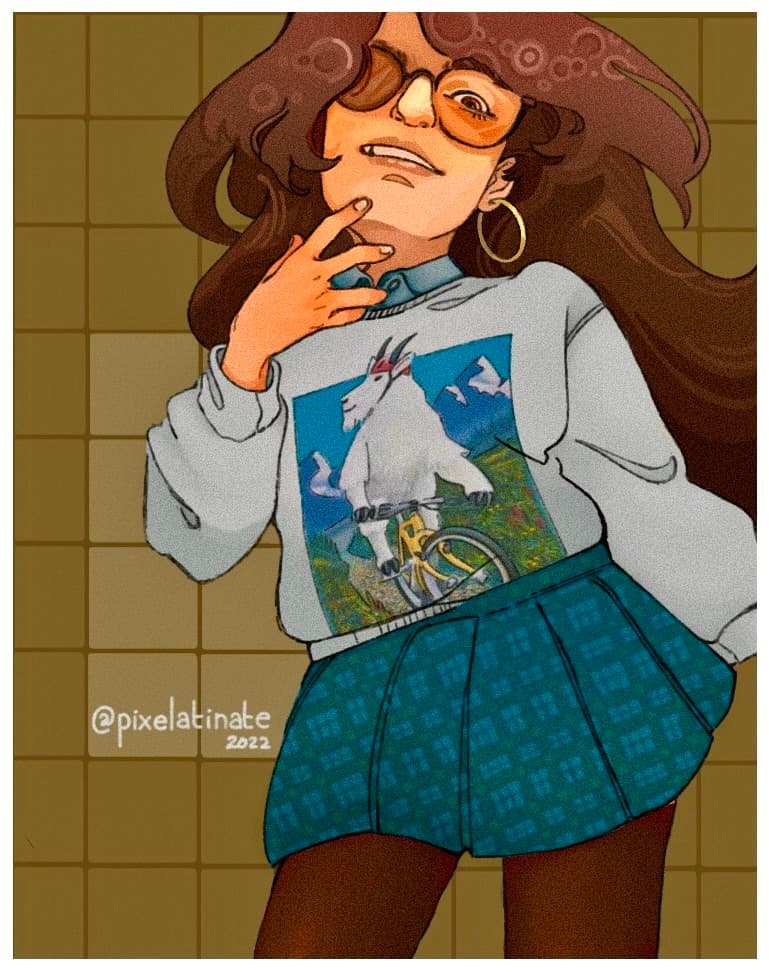 A woman with curly hair and sunglasses wearing a graphic sweater and plaid skirt