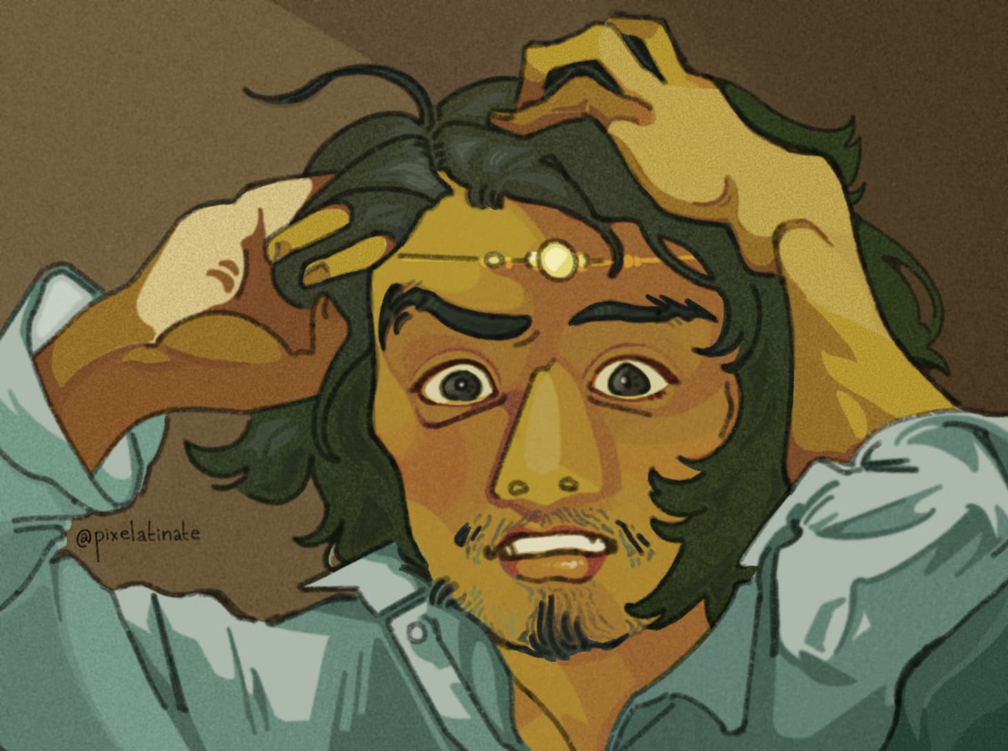 A man running his hands through his messy hair with a startled expression