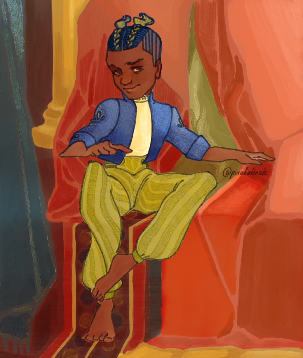 A young man with braided blue hair sitting cross-legged in an ornate red and gold room