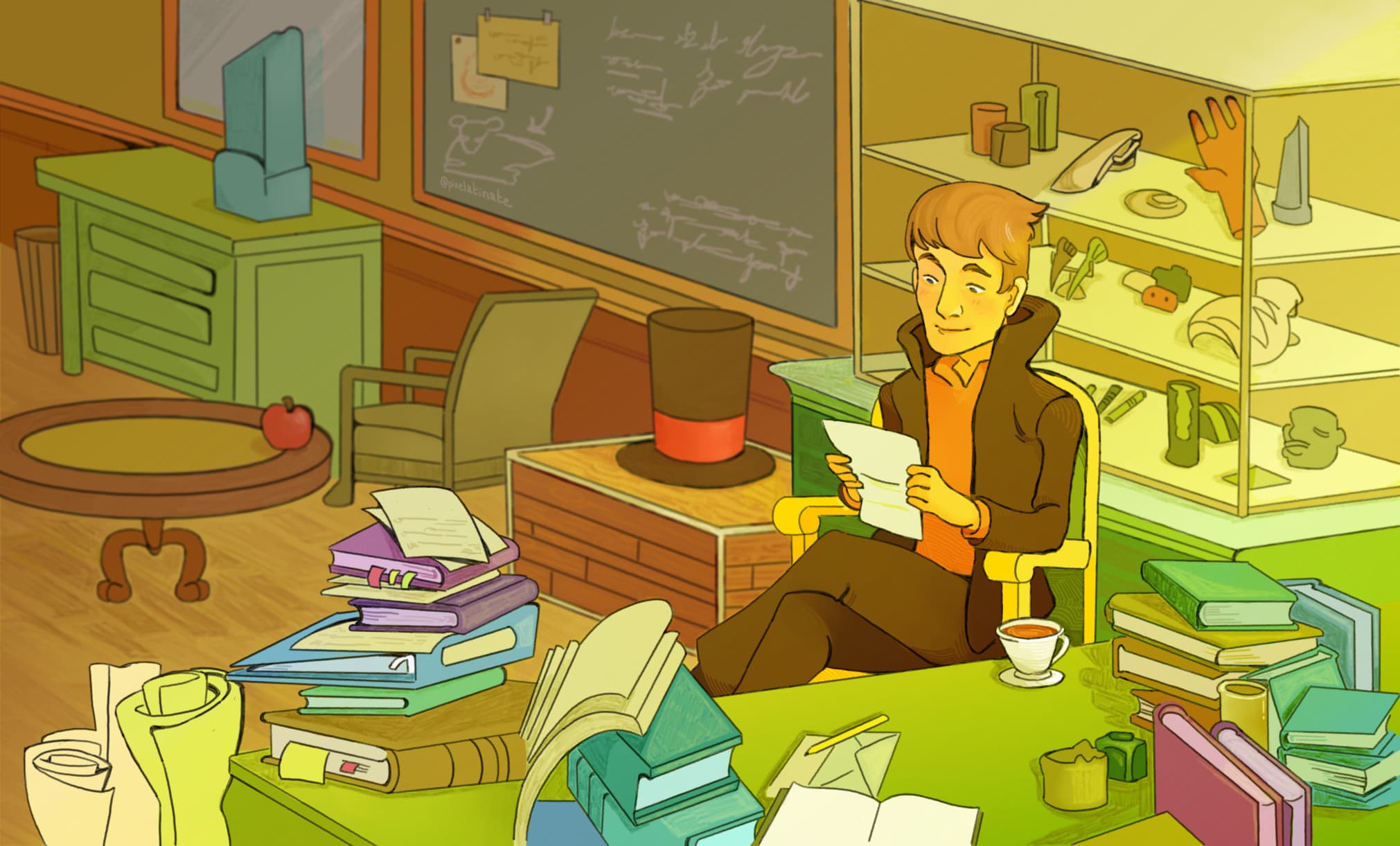 A young man sitting at a cluttered desk in a whimsical study, reading a letter