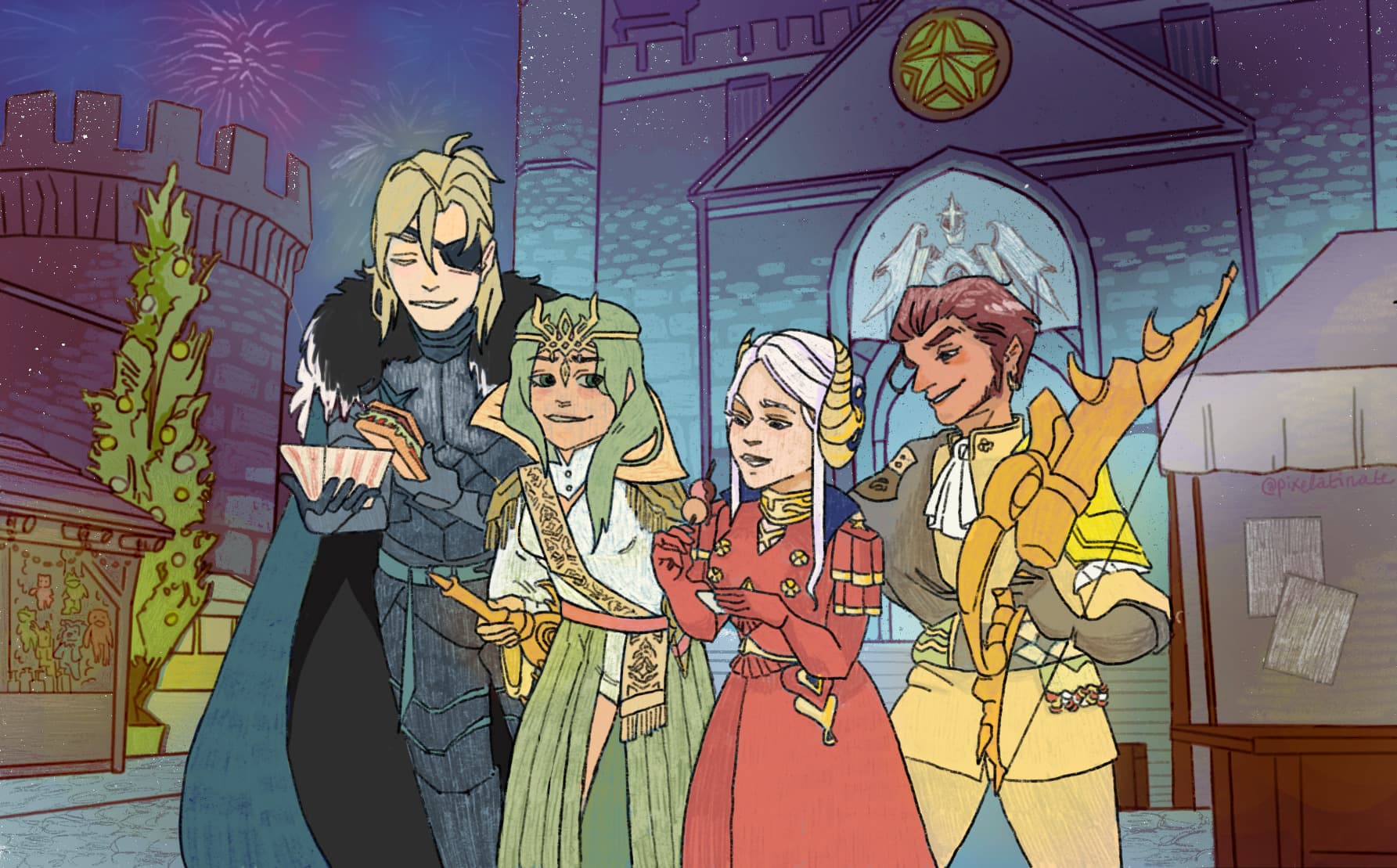 Four fantasy characters celebrating together at a nighttime festival with fireworks