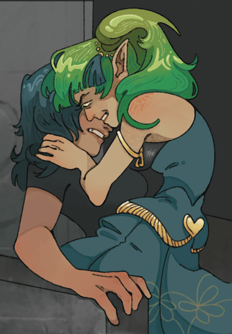 A green-haired elf embracing a dark-haired woman in a doorway